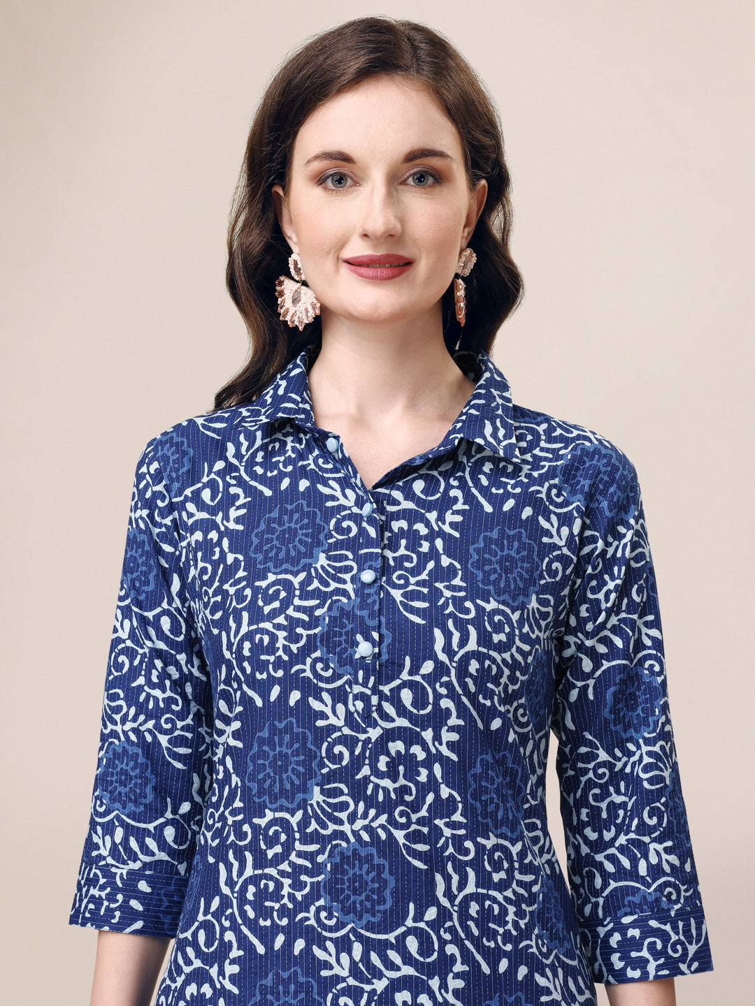 Printed Collar Kurta With Pant Co-Ordset, Multicolor - Hiral Fashion | Grocsy