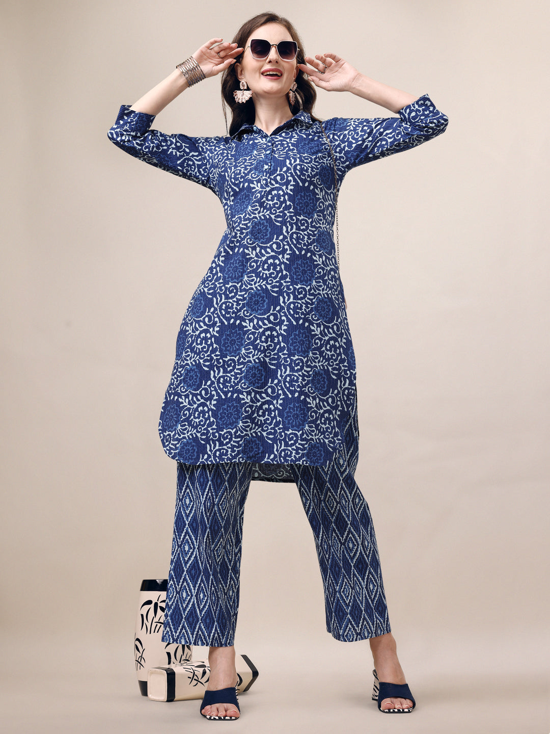 Printed Collar Kurta With Pant Co-Ordset, Multicolor - Hiral Fashion | Grocsy