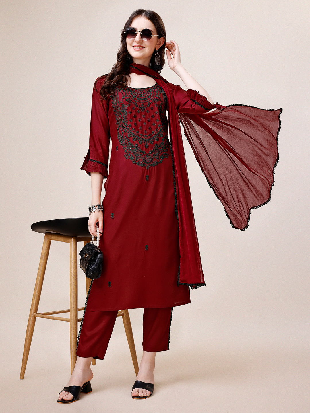 Embroidered Kurta With Pant And Dupatta Set, Multicolor - Hiral Fashion | Grocsy