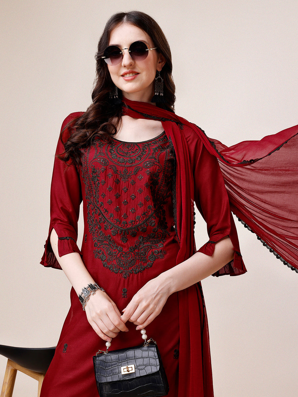 Embroidered Kurta With Pant And Dupatta Set, Multicolor - Hiral Fashion | Grocsy