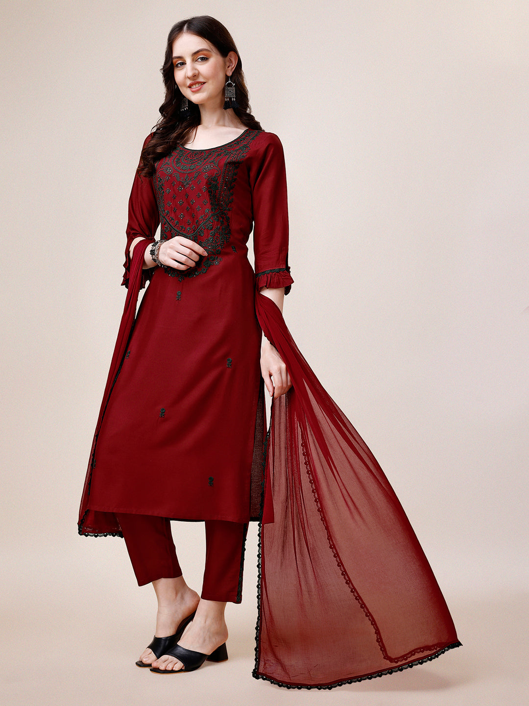 Embroidered Kurta With Pant And Dupatta Set, Multicolor - Hiral Fashion | Grocsy