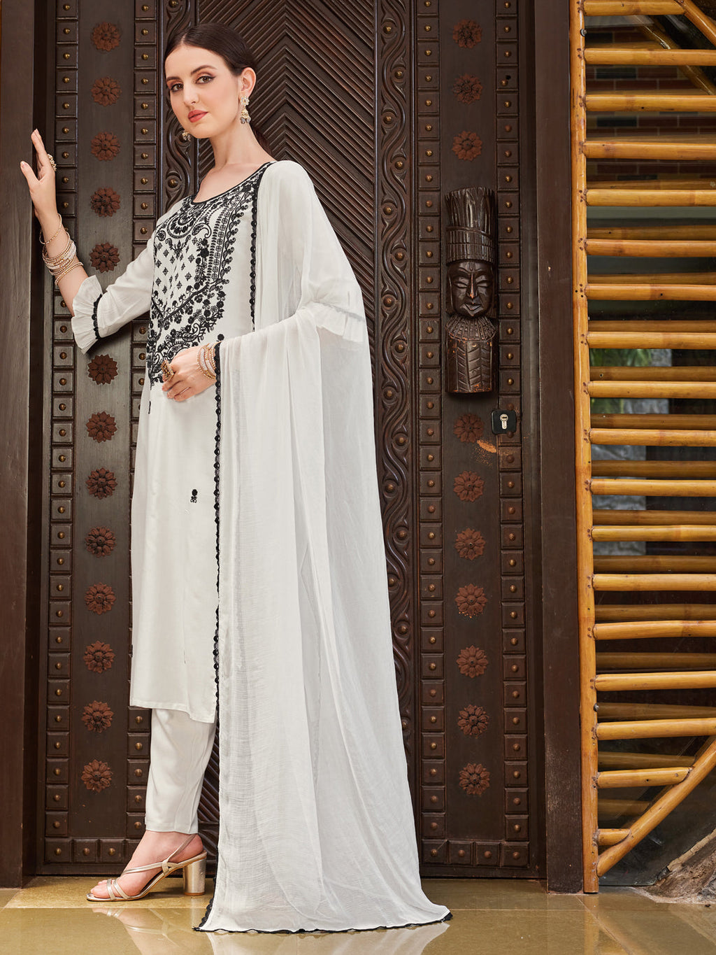 Embroidered Kurta With Pant And Dupatta Set, Multicolor - Hiral Fashion | Grocsy