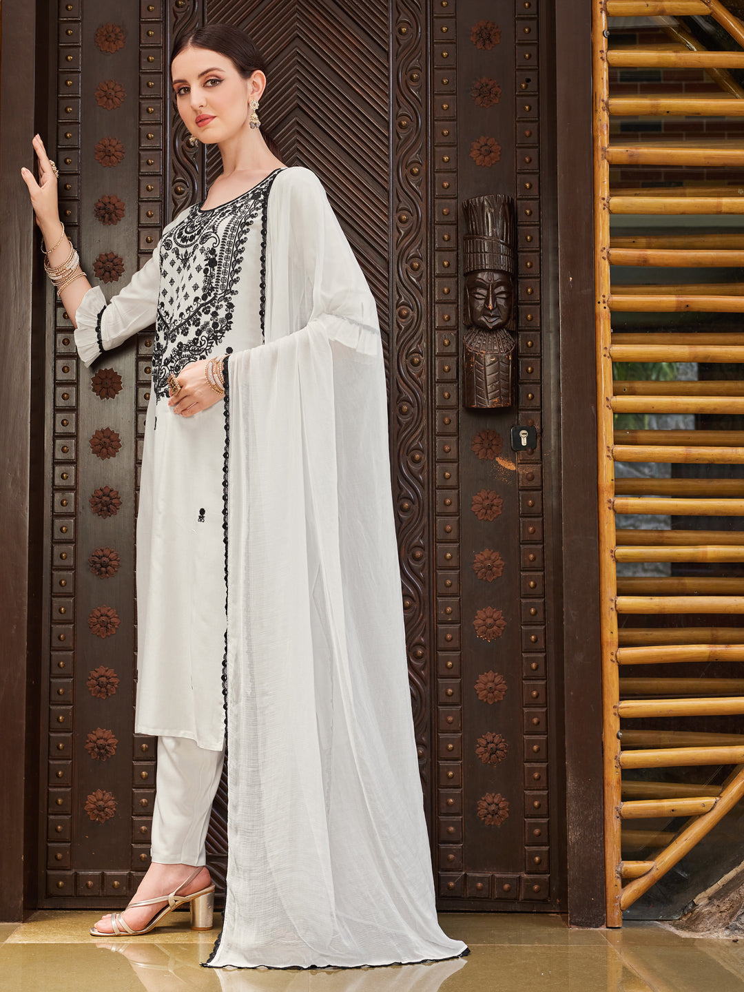 Embroidered Kurta With Pant And Dupatta Set, Multicolor - Hiral Fashion | Grocsy