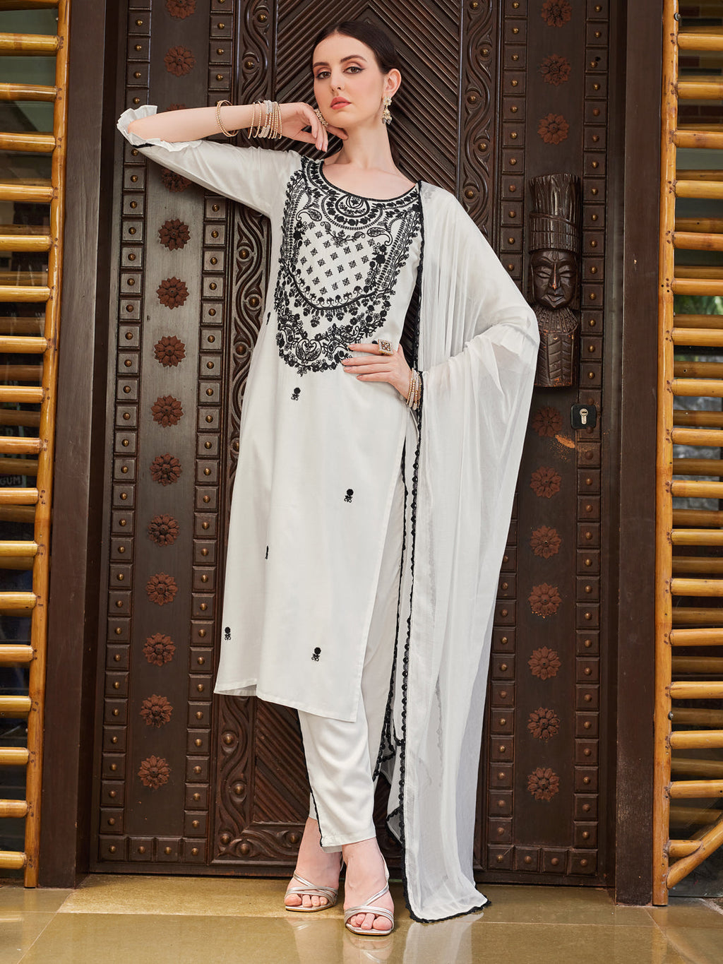 Embroidered Kurta With Pant And Dupatta Set, Multicolor - Hiral Fashion | Grocsy