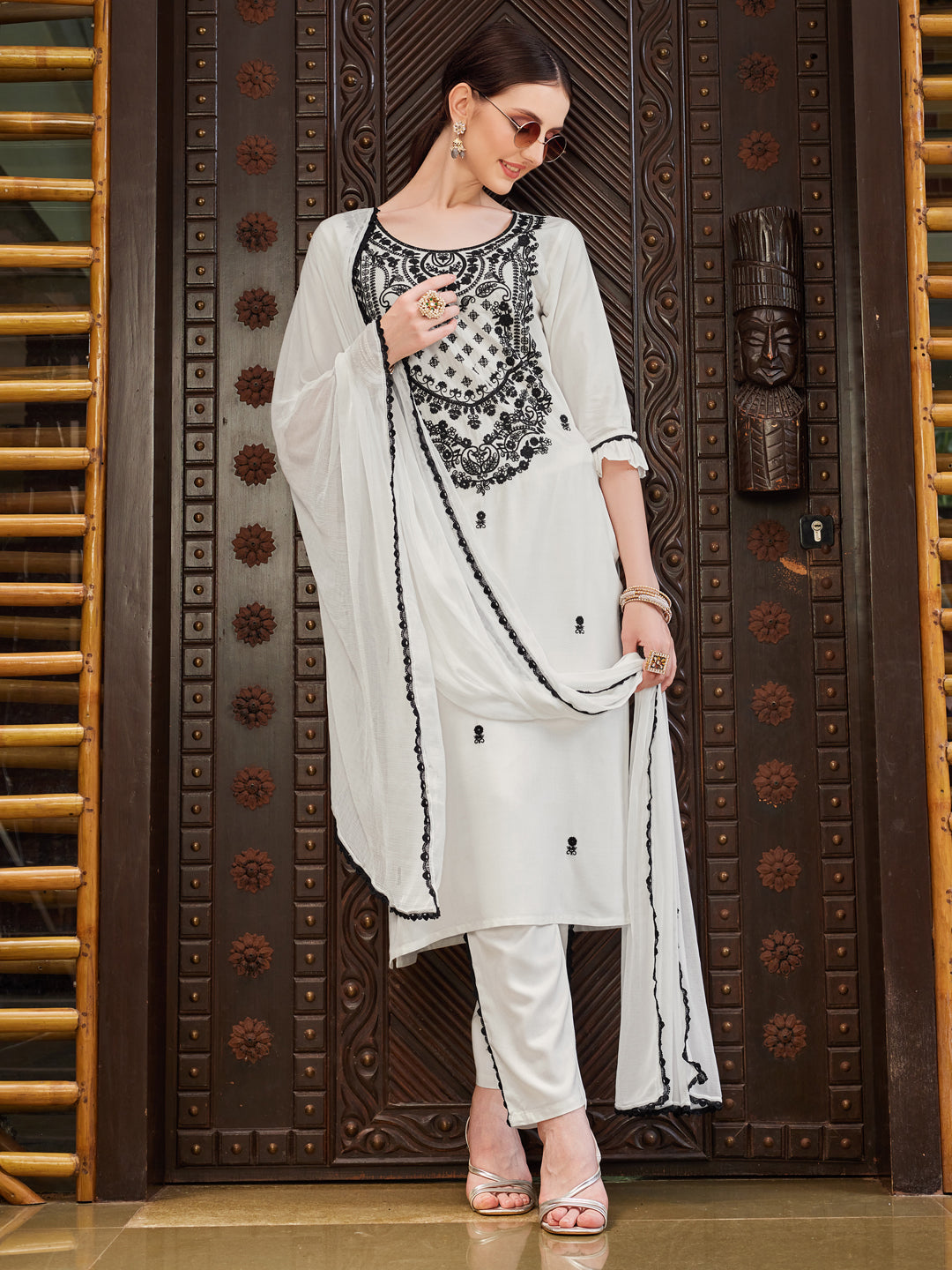 Embroidered Kurta With Pant And Dupatta Set, Multicolor - Hiral Fashion | Grocsy