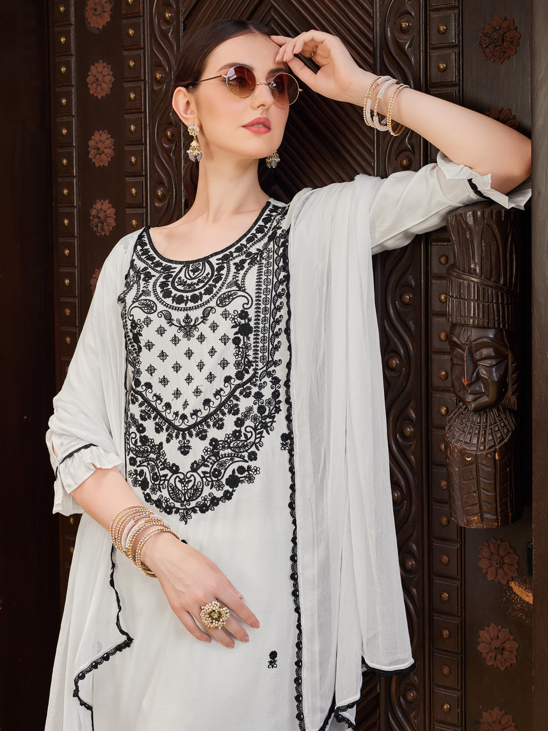 Embroidered Kurta With Pant And Dupatta Set, Multicolor - Hiral Fashion | Grocsy