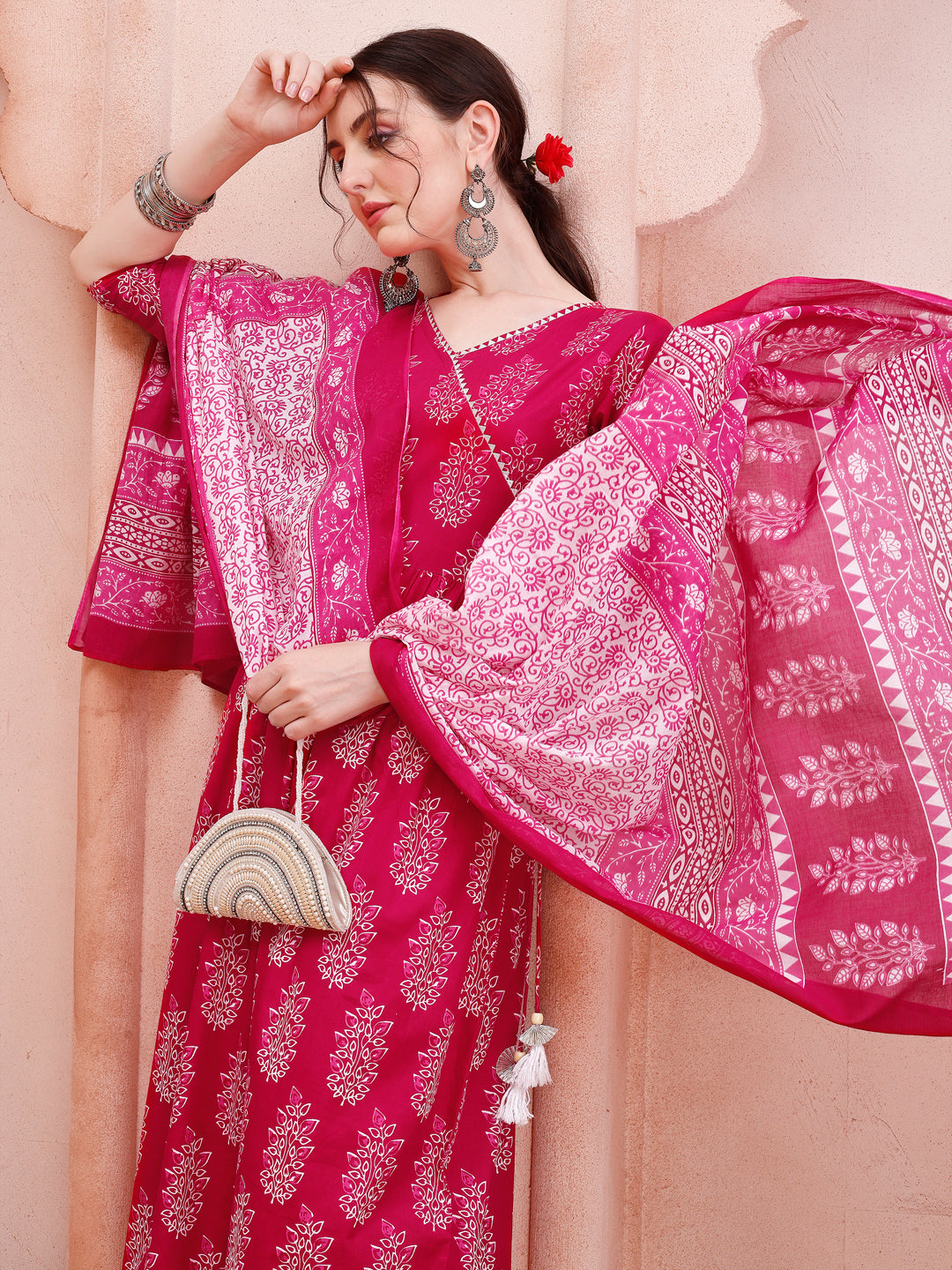 Angarakha Style Anarkali Printed Kurta With Pant And Dupatta Set, Multicolor - Hiral Fashion | Grocsy