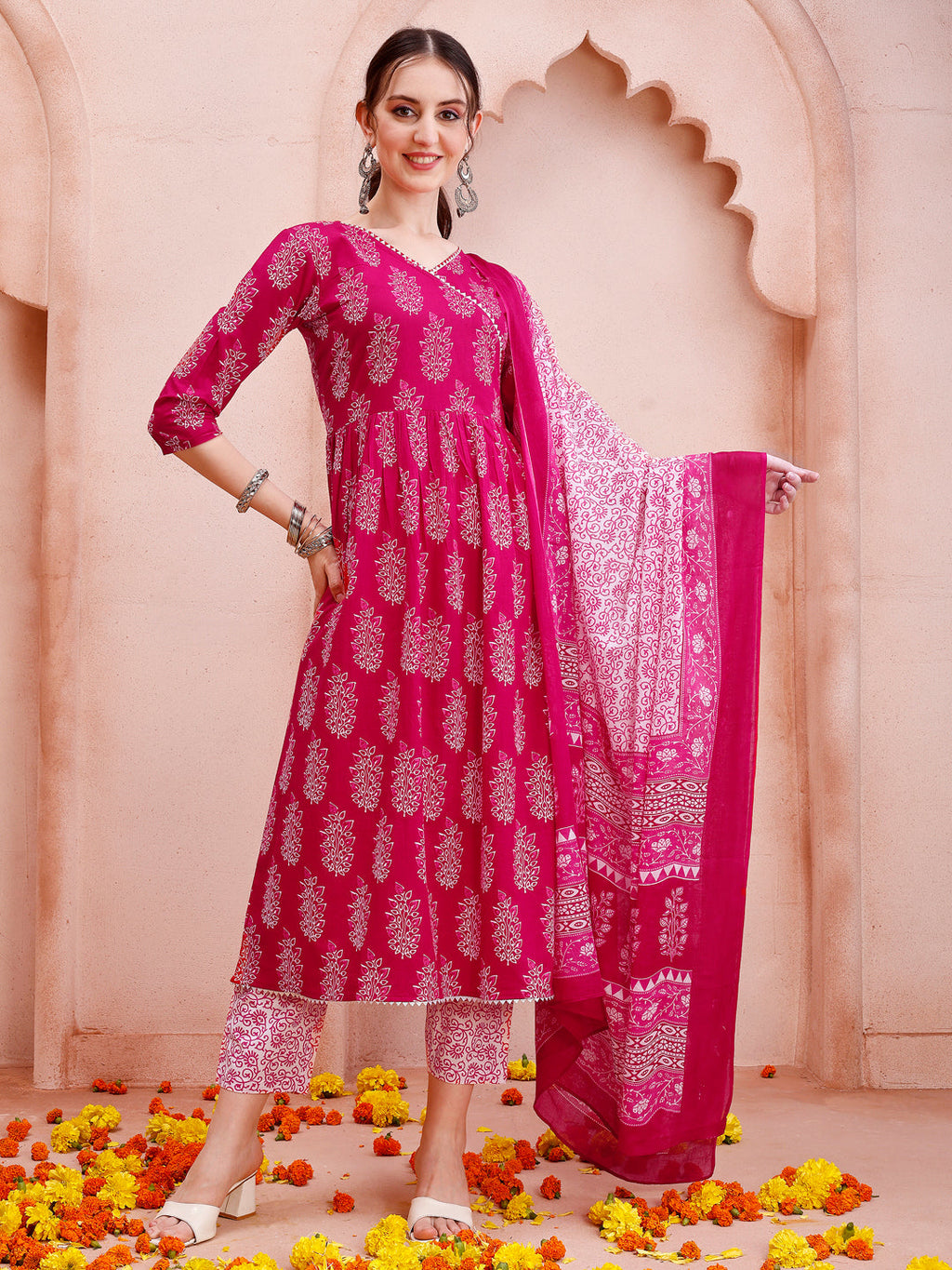 Angarakha Style Anarkali Printed Kurta With Pant And Dupatta Set, Multicolor - Hiral Fashion | Grocsy