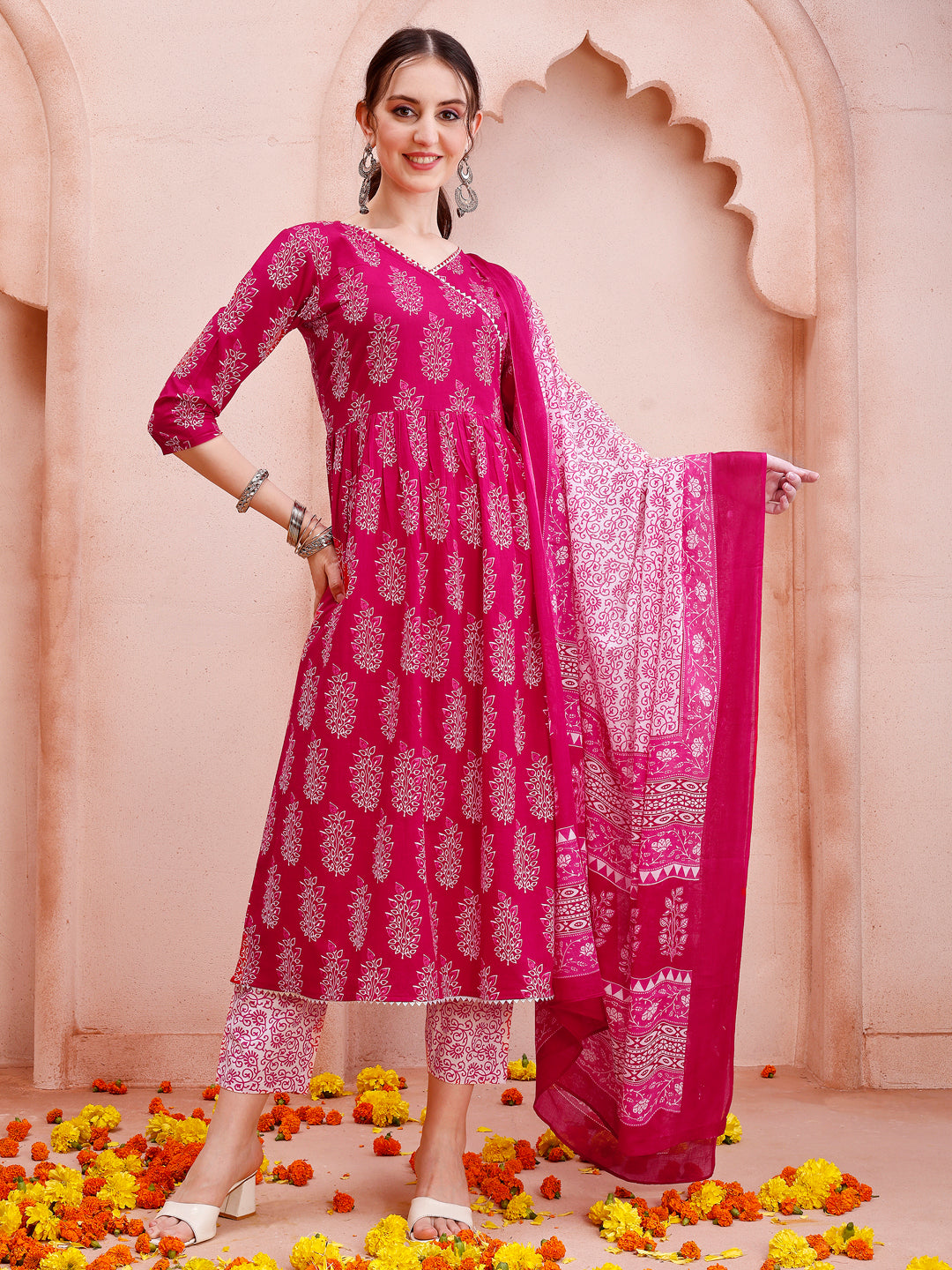 Angarakha Style Anarkali Printed Kurta With Pant And Dupatta Set, Multicolor - Hiral Fashion | Grocsy