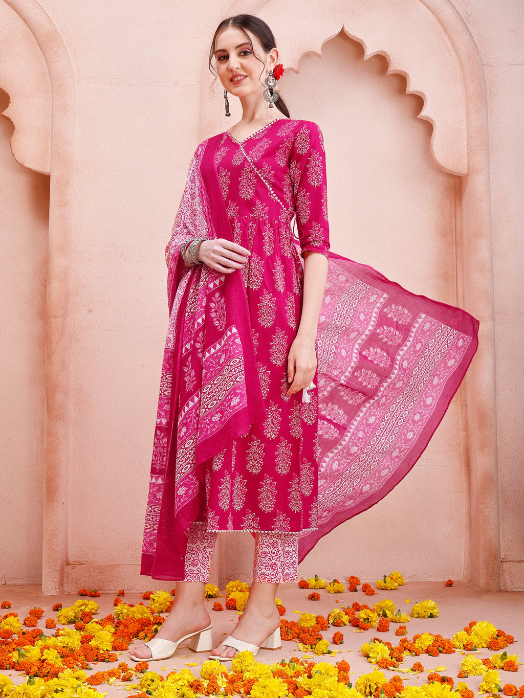 Angarakha Style Anarkali Printed Kurta With Pant And Dupatta Set, Multicolor - Hiral Fashion | Grocsy