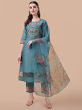 Hand Embroidered Kurta With Pant & Organza Printed Dupatta, Multicolor - Hiral Fashion | Grocsy