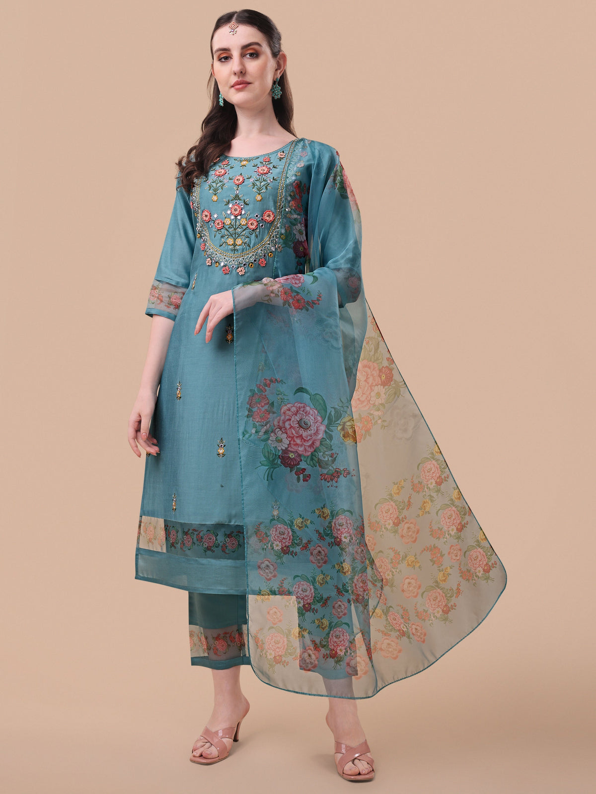 Hand Embroidered Kurta With Pant & Organza Printed Dupatta, Multicolor - Hiral Fashion | Grocsy