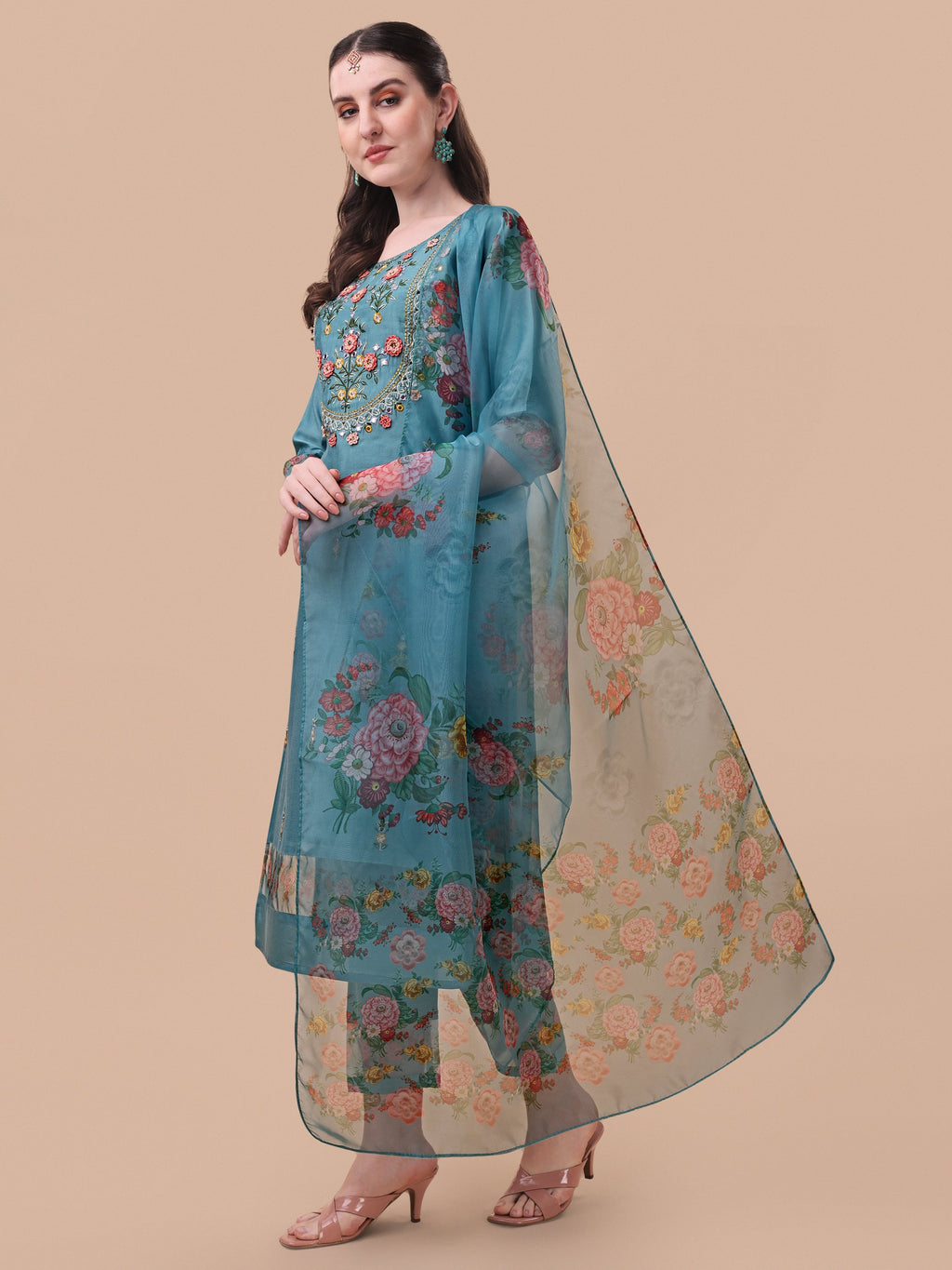 Hand Embroidered Kurta With Pant & Organza Printed Dupatta, Multicolor - Hiral Fashion | Grocsy