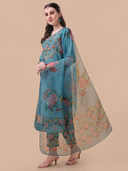 Hand Embroidered Kurta With Pant & Organza Printed Dupatta, Multicolor - Hiral Fashion | Grocsy