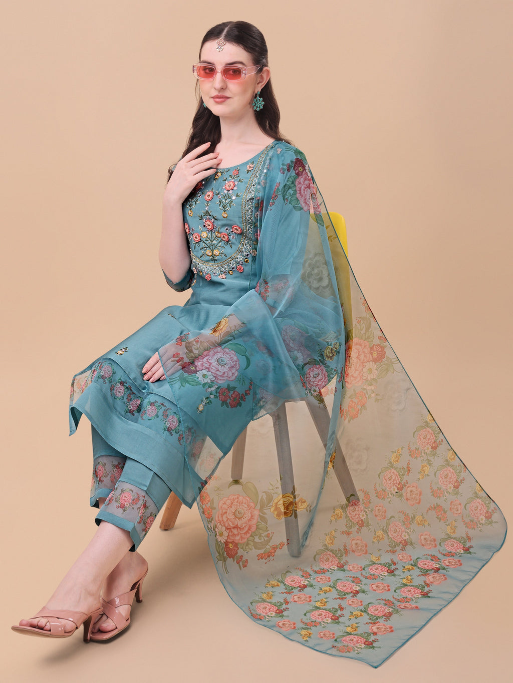 Hand Embroidered Kurta With Pant & Organza Printed Dupatta, Multicolor - Hiral Fashion | Grocsy