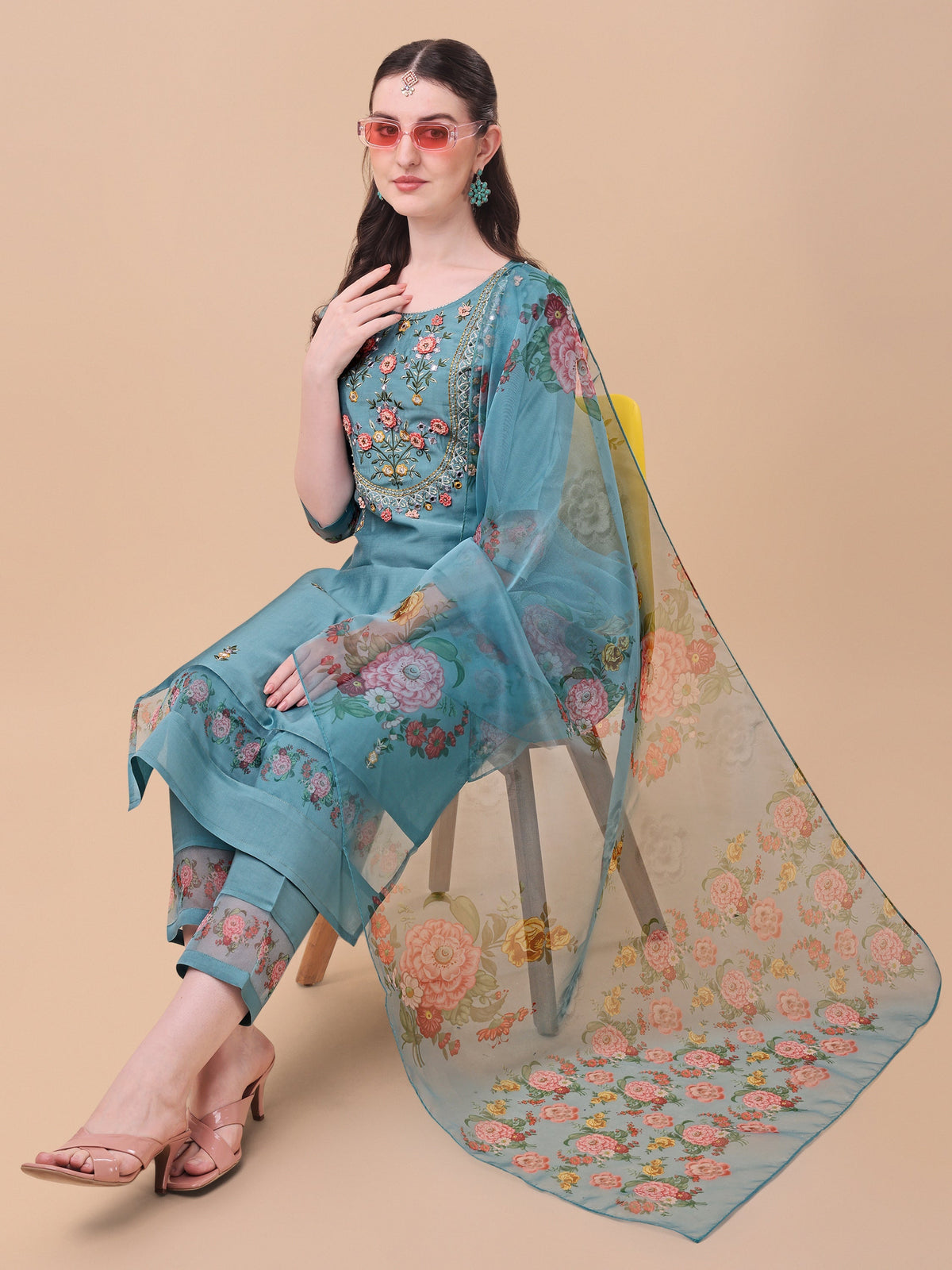 Hand Embroidered Kurta With Pant & Organza Printed Dupatta, Multicolor - Hiral Fashion | Grocsy