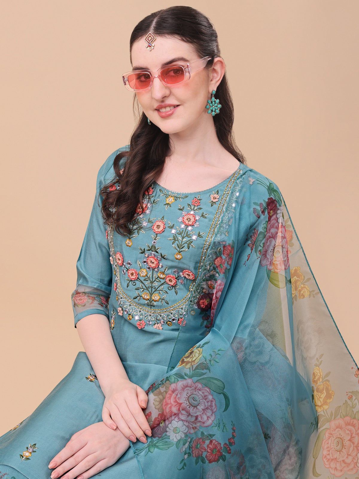 Hand Embroidered Kurta With Pant & Organza Printed Dupatta, Multicolor - Hiral Fashion | Grocsy