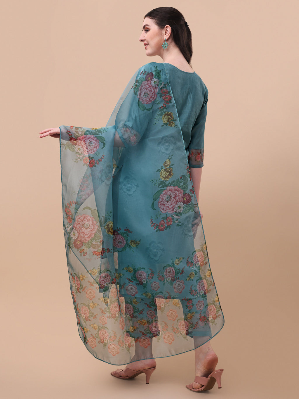 Hand Embroidered Kurta With Pant & Organza Printed Dupatta, Multicolor - Hiral Fashion | Grocsy