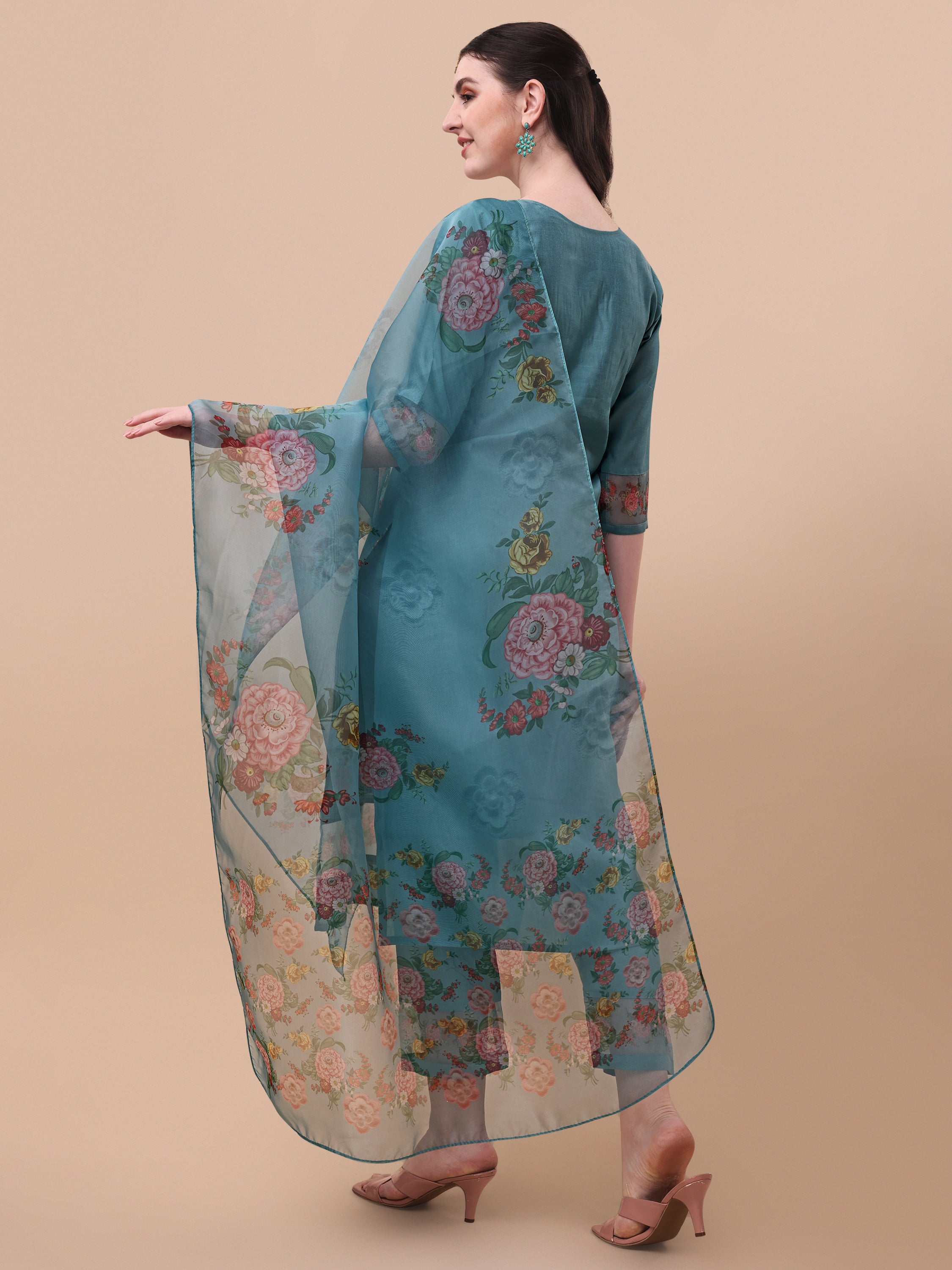 Hand Embroidered Kurta With Pant & Organza Printed Dupatta, Multicolor - Hiral Fashion | Grocsy