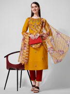 Hand Embroidered Kurta With Pant And Organza Dupatta Set, Multicolor - Hiral Fashion | Grocsy