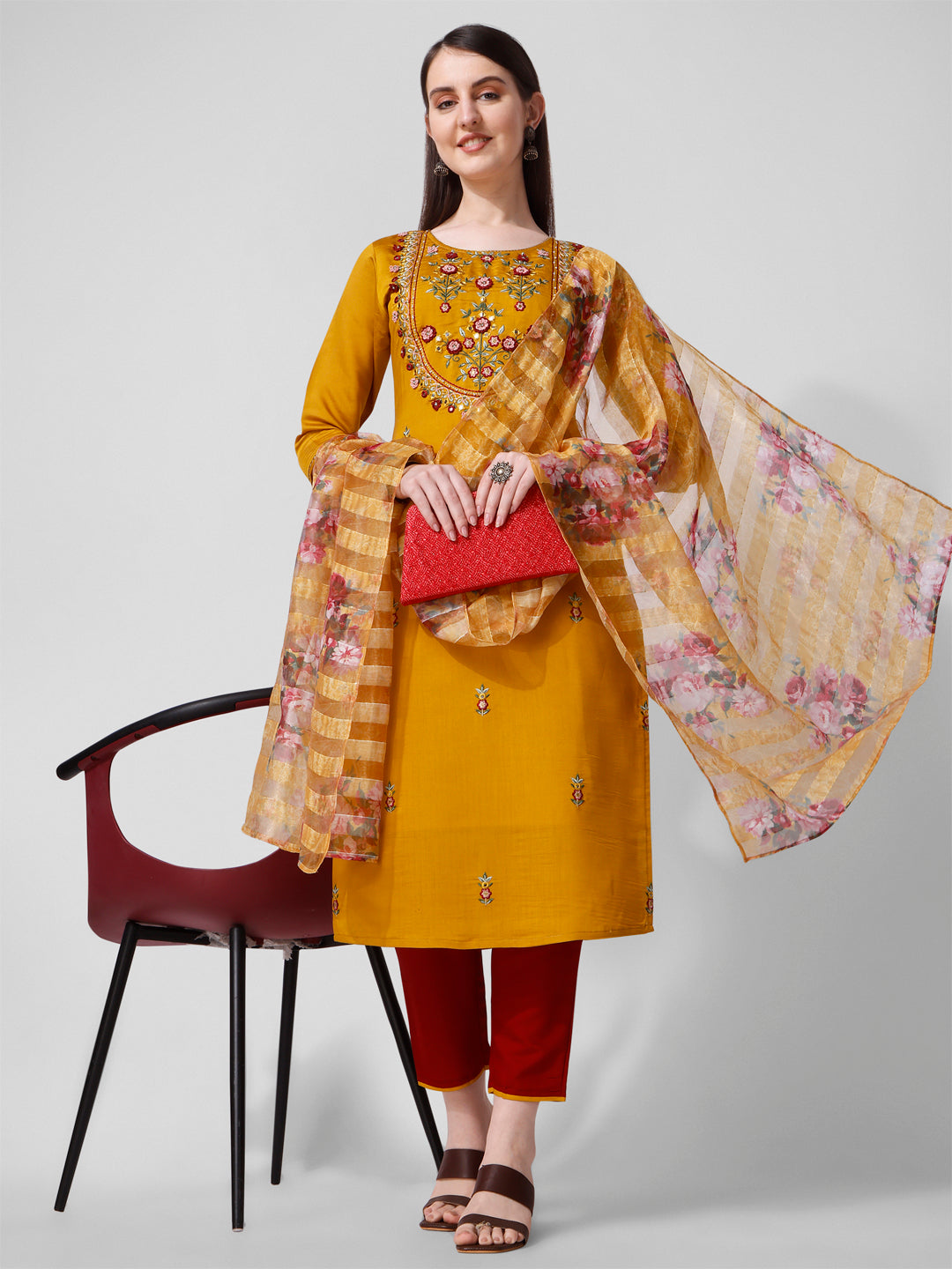Hand Embroidered Kurta With Pant And Organza Dupatta Set, Multicolor - Hiral Fashion | Grocsy