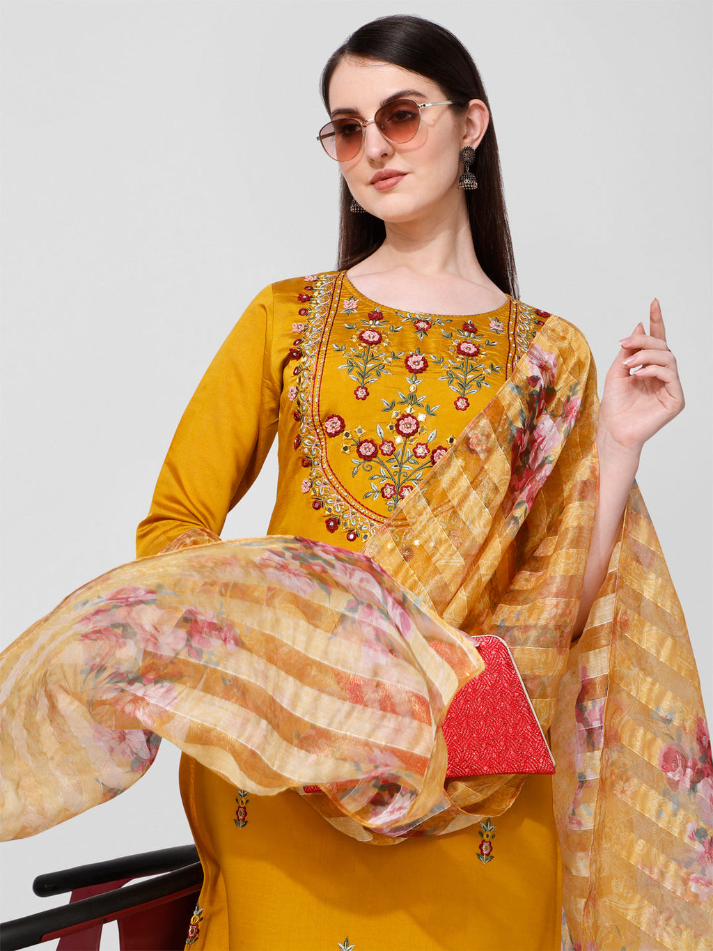 Hand Embroidered Kurta With Pant And Organza Dupatta Set, Multicolor - Hiral Fashion | Grocsy