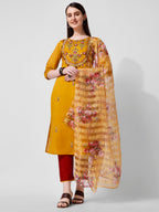 Hand Embroidered Kurta With Pant And Organza Dupatta Set, Multicolor - Hiral Fashion | Grocsy