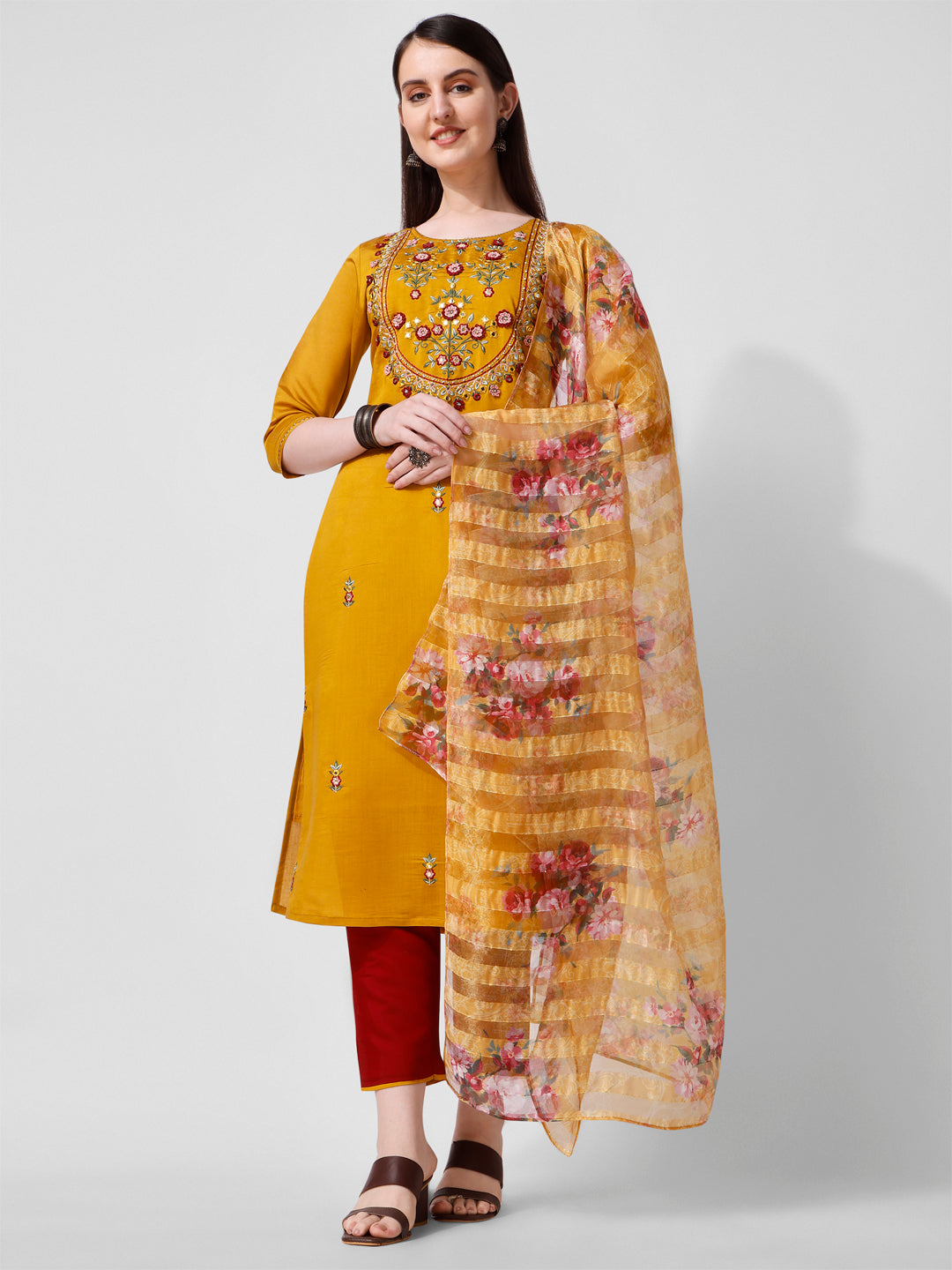 Hand Embroidered Kurta With Pant And Organza Dupatta Set, Multicolor - Hiral Fashion | Grocsy