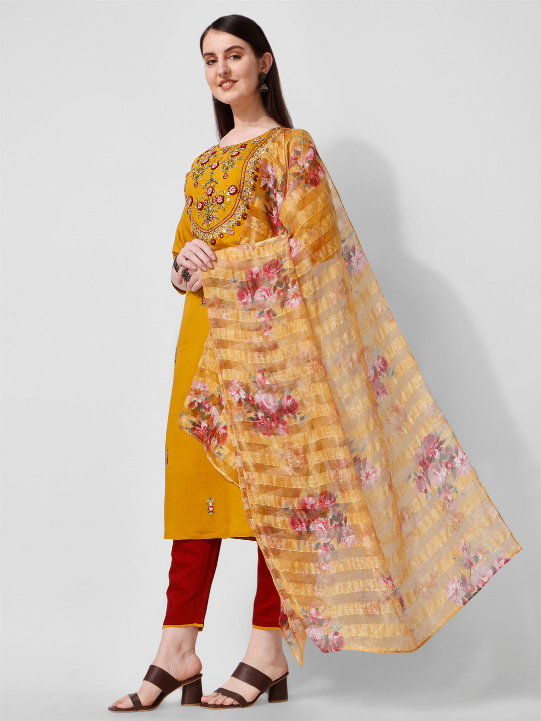 Hand Embroidered Kurta With Pant And Organza Dupatta Set, Multicolor - Hiral Fashion | Grocsy