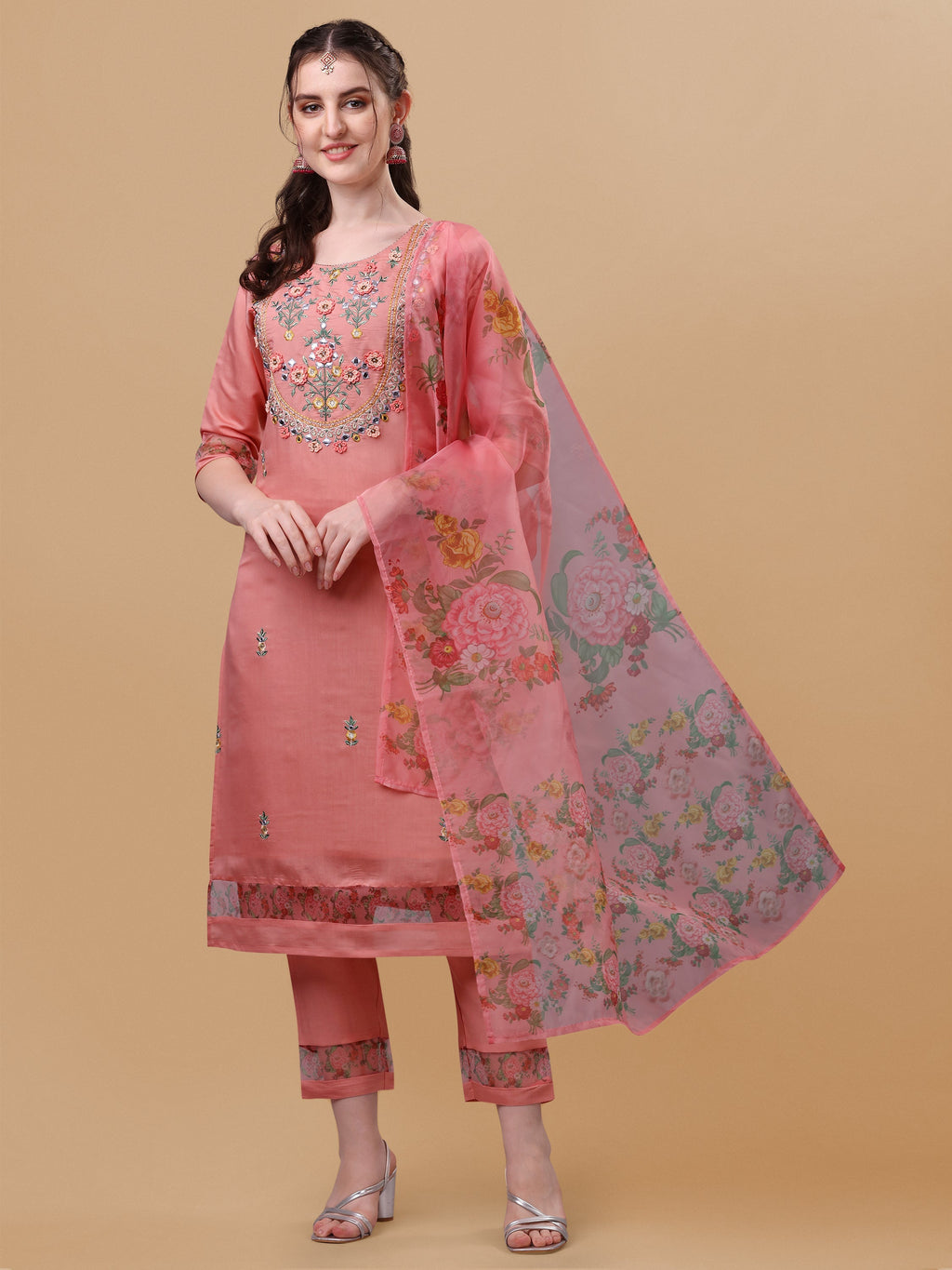 Embroidered Kurta With Pant & Dupatta Set, Multicolor - Hiral Fashion | Grocsy