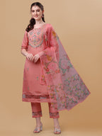 Embroidered Kurta With Pant & Dupatta Set, Multicolor - Hiral Fashion | Grocsy