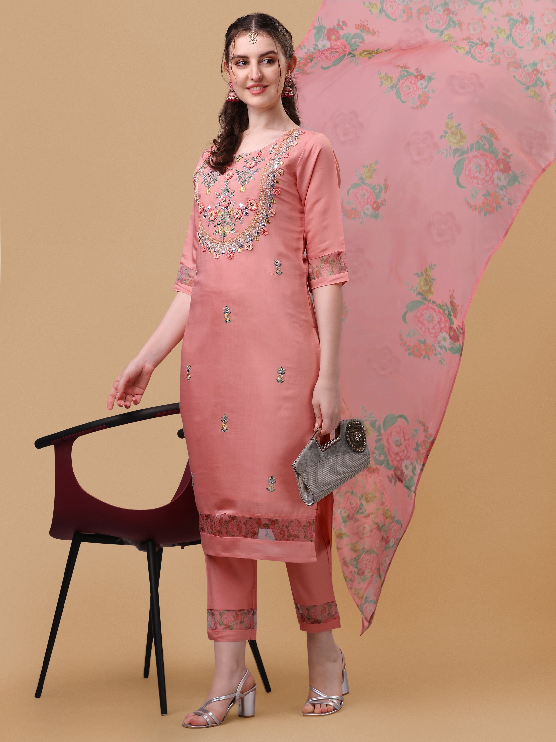 Embroidered Kurta With Pant & Dupatta Set, Multicolor - Hiral Fashion | Grocsy