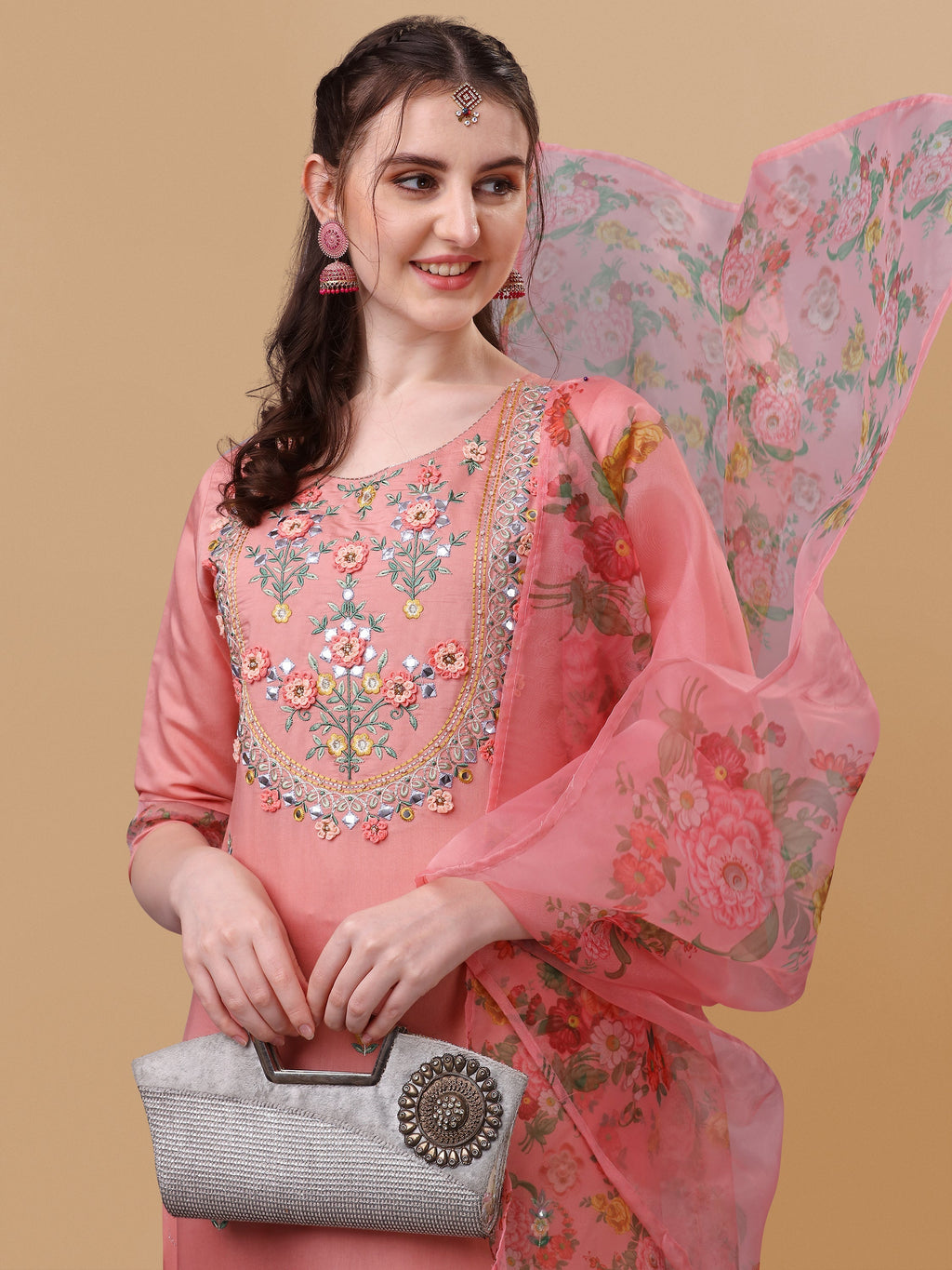 Embroidered Kurta With Pant & Dupatta Set, Multicolor - Hiral Fashion | Grocsy