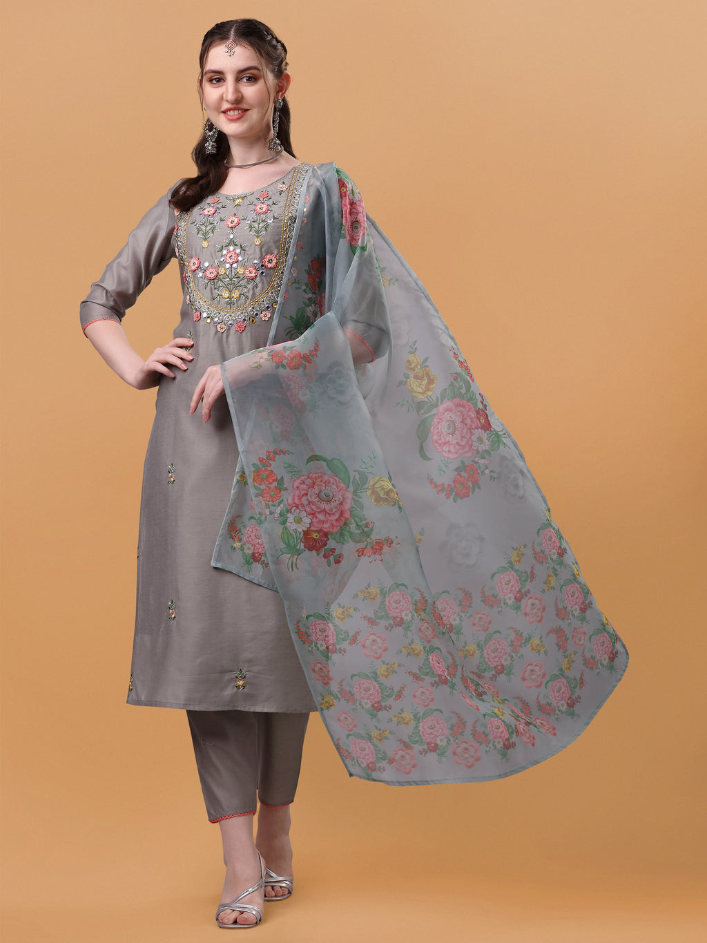 Hand Embroidered Kurta With Pant & Organza Printed Dupatta, Multicolor - Hiral Fashion | Grocsy