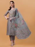 Hand Embroidered Kurta With Pant & Organza Printed Dupatta, Multicolor - Hiral Fashion | Grocsy