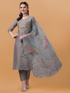 Hand Embroidered Kurta With Pant & Organza Printed Dupatta, Multicolor - Hiral Fashion | Grocsy