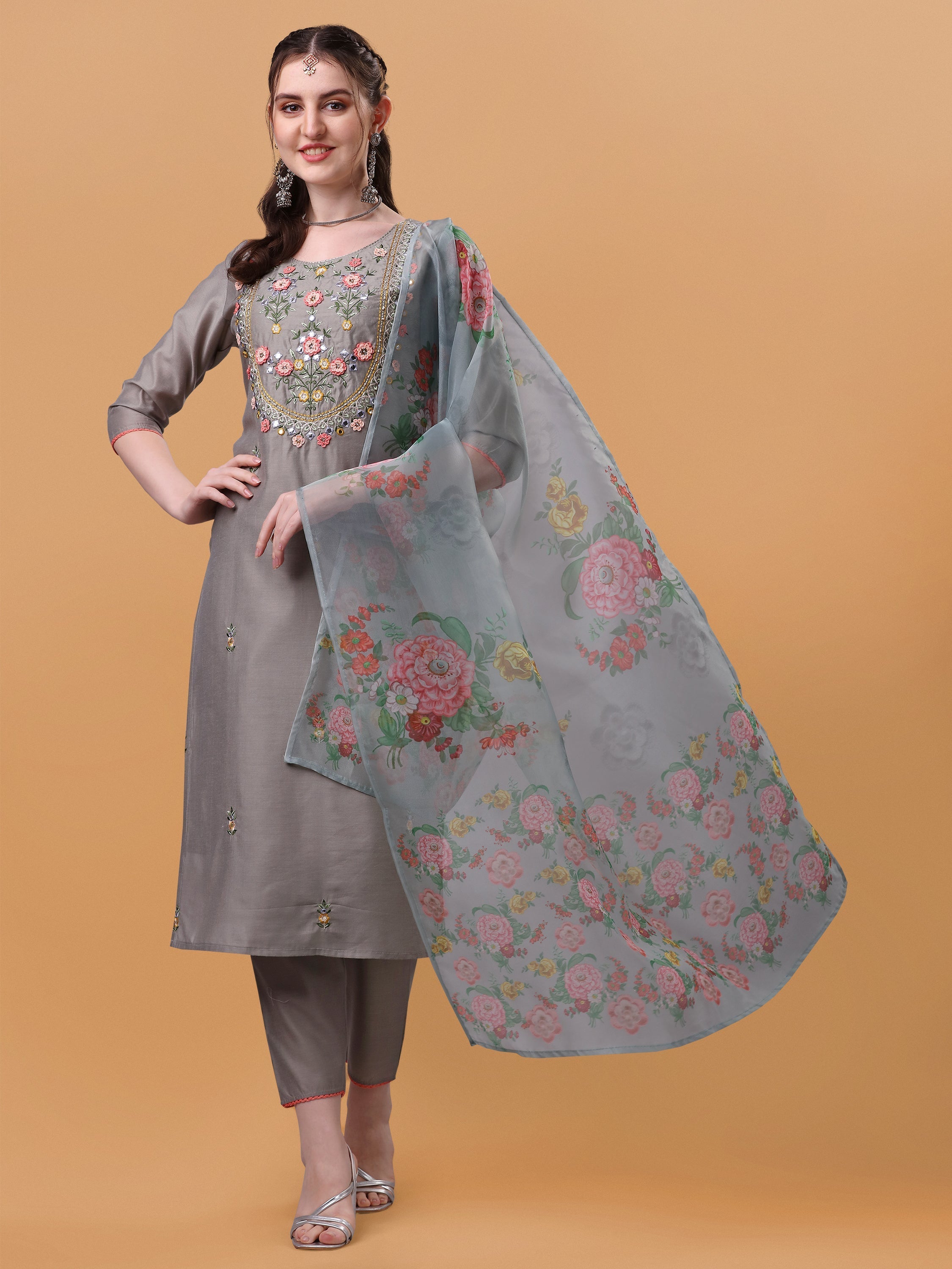Hand Embroidered Kurta With Pant & Organza Printed Dupatta, Multicolor - Hiral Fashion | Grocsy