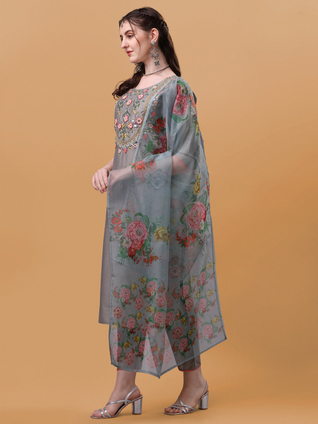 Hand Embroidered Kurta With Pant & Organza Printed Dupatta, Multicolor - Hiral Fashion | Grocsy