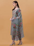 Hand Embroidered Kurta With Pant & Organza Printed Dupatta, Multicolor - Hiral Fashion | Grocsy