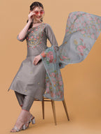 Hand Embroidered Kurta With Pant & Organza Printed Dupatta, Multicolor - Hiral Fashion | Grocsy