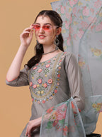 Hand Embroidered Kurta With Pant & Organza Printed Dupatta, Multicolor - Hiral Fashion | Grocsy