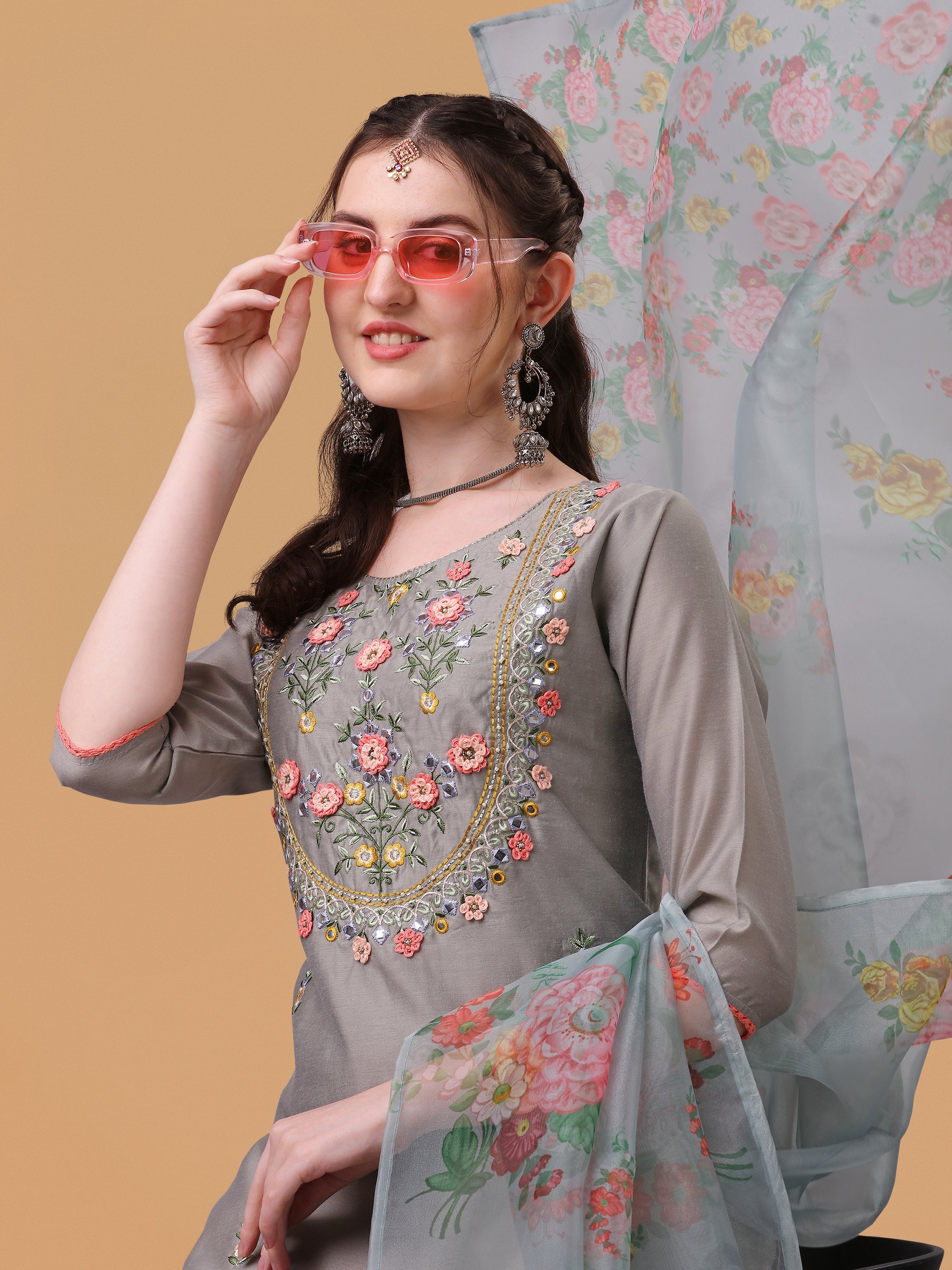 Hand Embroidered Kurta With Pant & Organza Printed Dupatta, Multicolor - Hiral Fashion | Grocsy