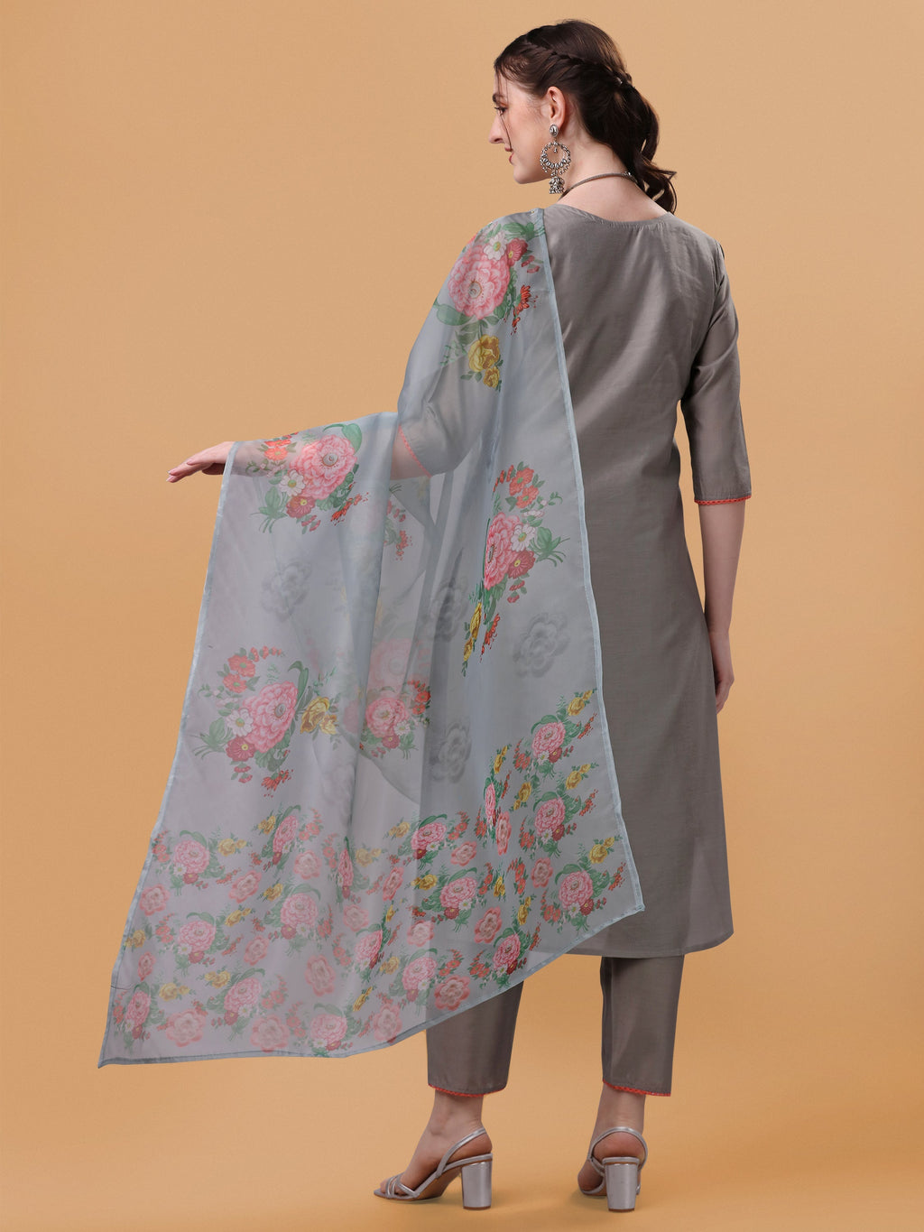 Hand Embroidered Kurta With Pant & Organza Printed Dupatta, Multicolor - Hiral Fashion | Grocsy