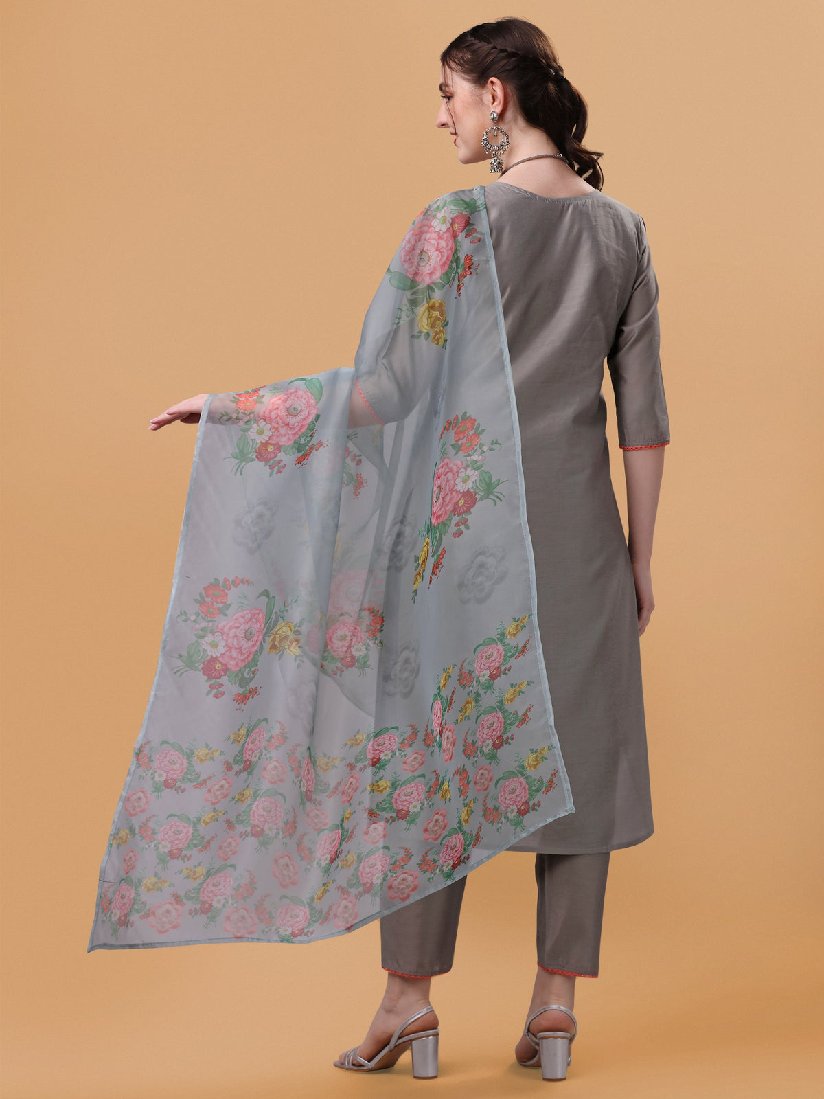 Hand Embroidered Kurta With Pant & Organza Printed Dupatta, Multicolor - Hiral Fashion | Grocsy