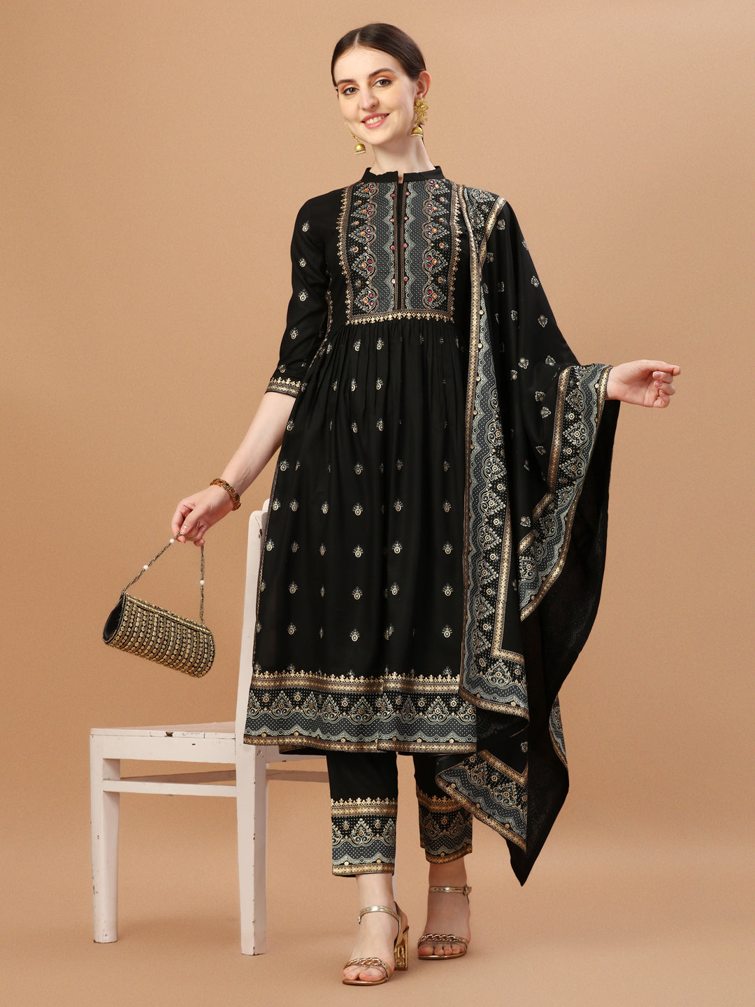 Nyra Cut Foil Printed & Hand Embroidered Kurta With Pant & Dupatta, Multicolor - Hiral Fashion | Grocsy