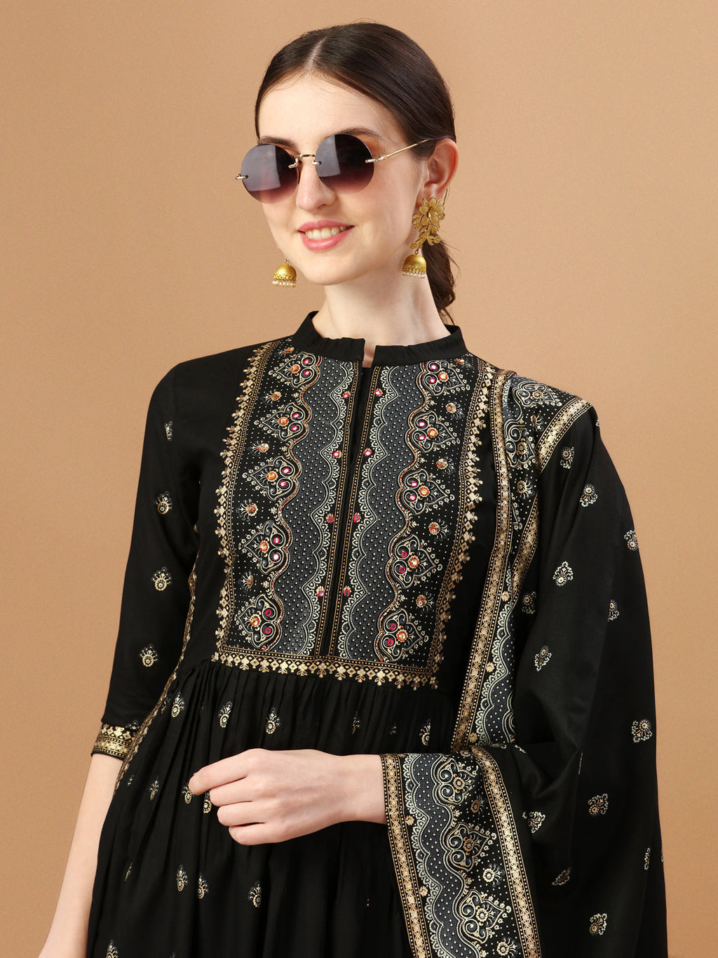 Nyra Cut Foil Printed & Hand Embroidered Kurta With Pant & Dupatta, Multicolor - Hiral Fashion | Grocsy