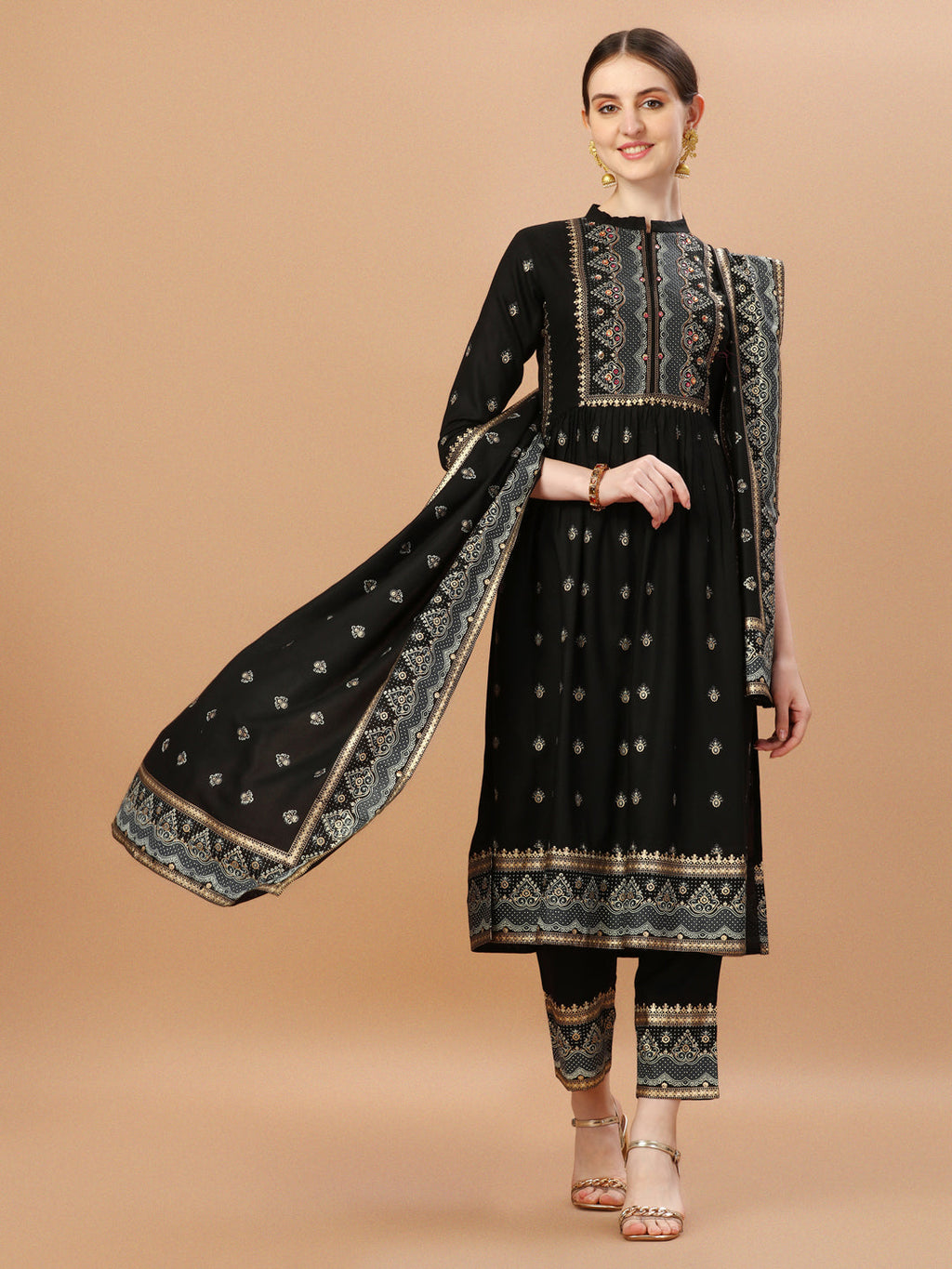 Nyra Cut Foil Printed & Hand Embroidered Kurta With Pant & Dupatta, Multicolor - Hiral Fashion | Grocsy