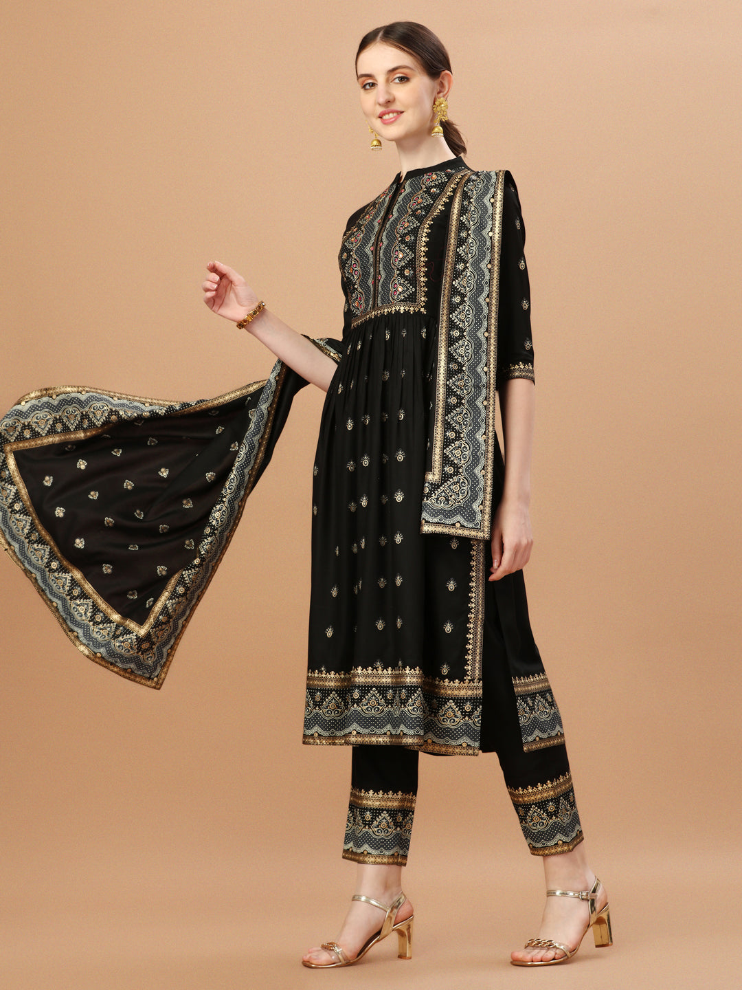Nyra Cut Foil Printed & Hand Embroidered Kurta With Pant & Dupatta, Multicolor - Hiral Fashion | Grocsy