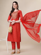 Embroidered Kurta With Pant And Dupatta Set, Multicolor - Hiral Fashion | Grocsy