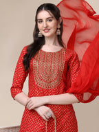 Embroidered Kurta With Pant And Dupatta Set, Multicolor - Hiral Fashion | Grocsy